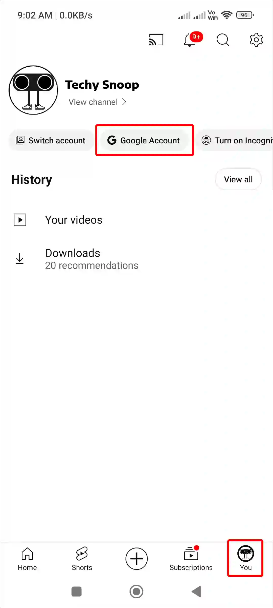 youtube app google account