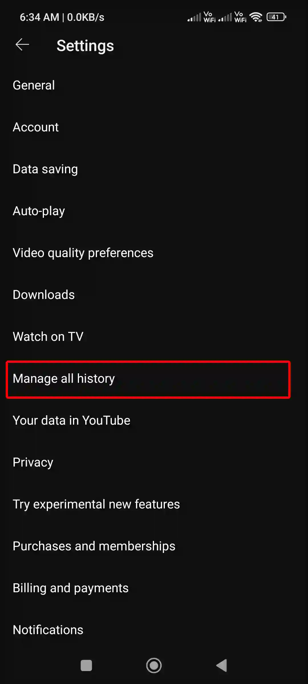 youtube app manage all history