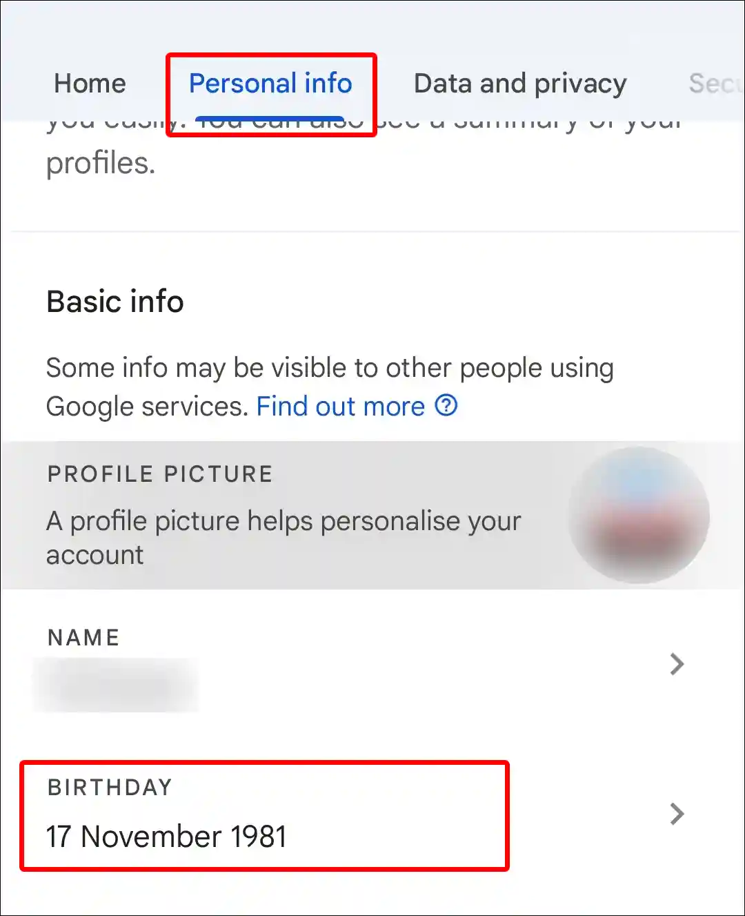 youtube app personal info birthday