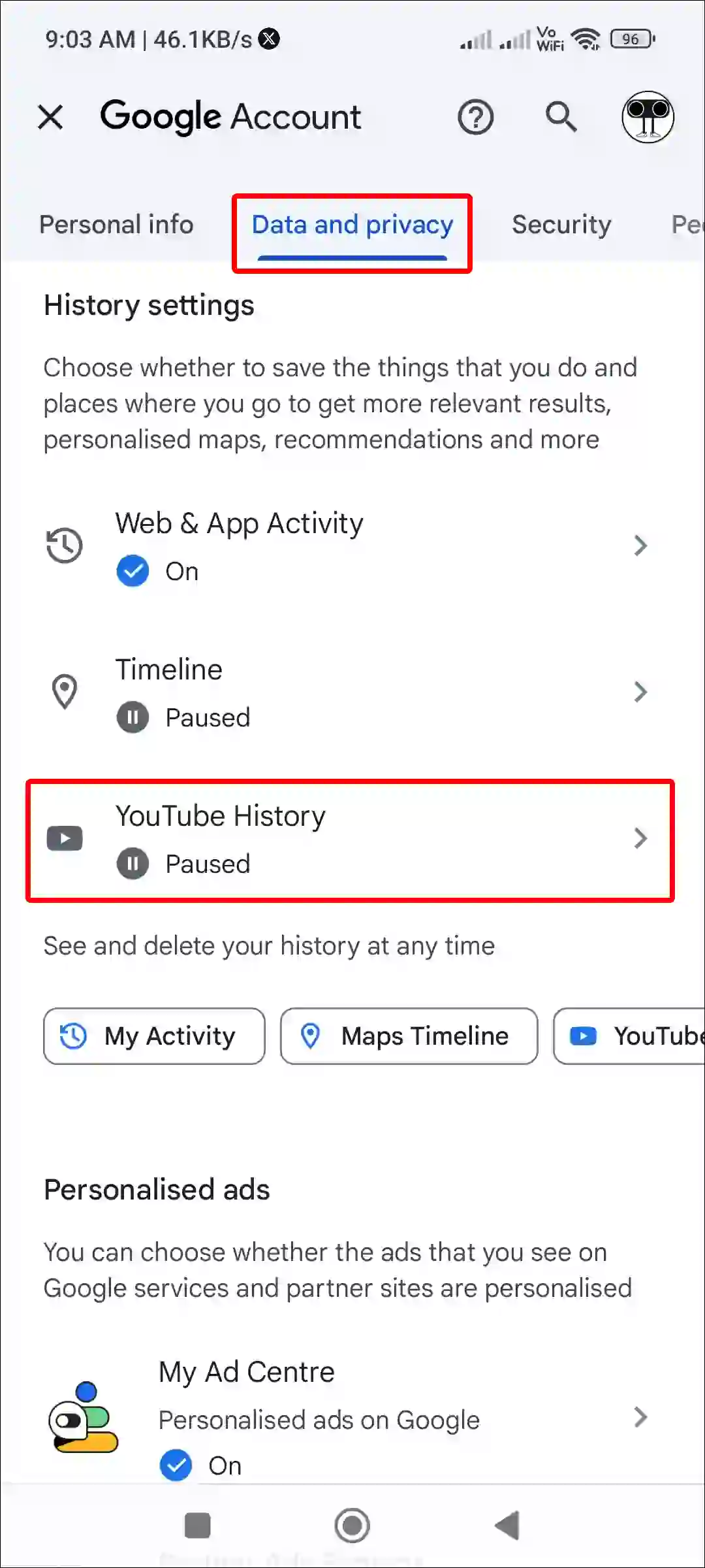 youtube history settings android