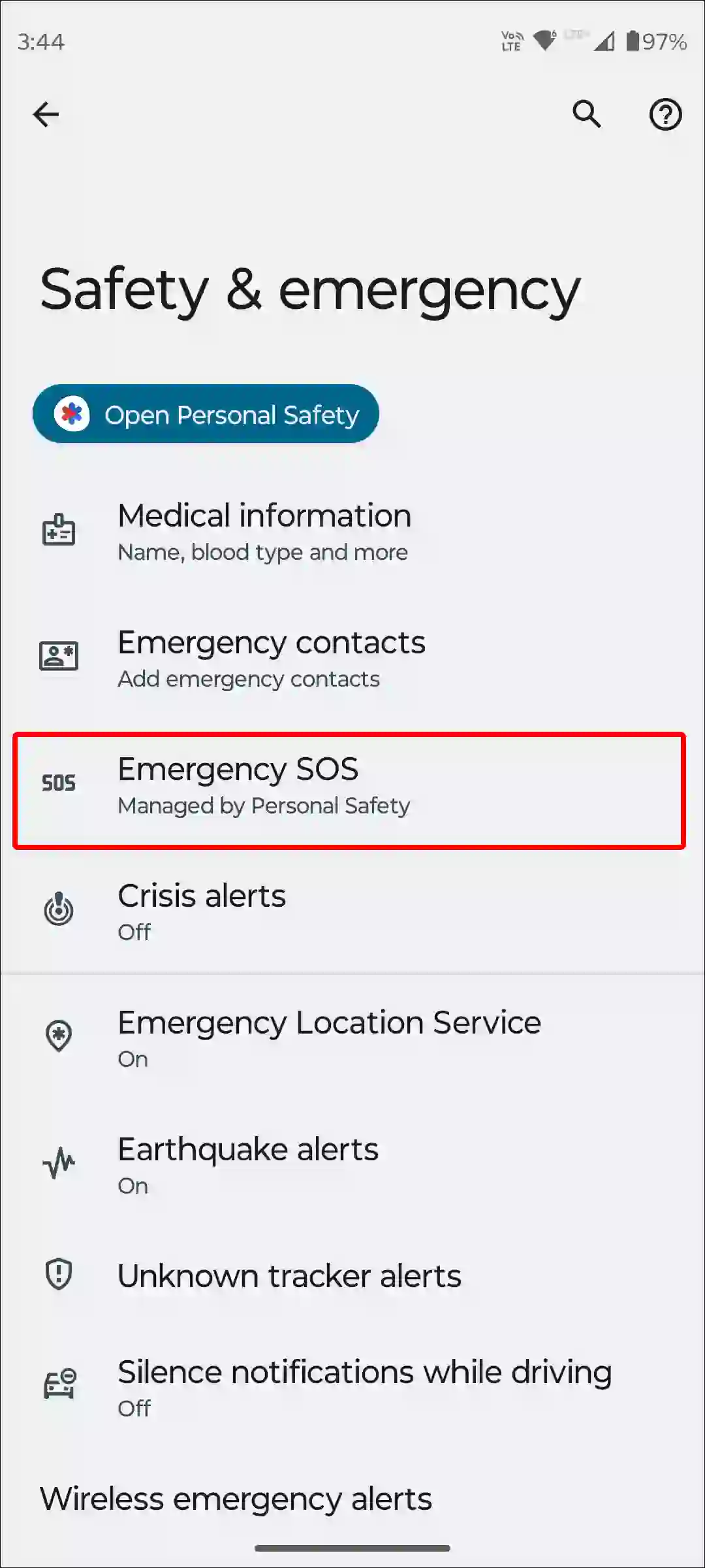 android emergency sos settings