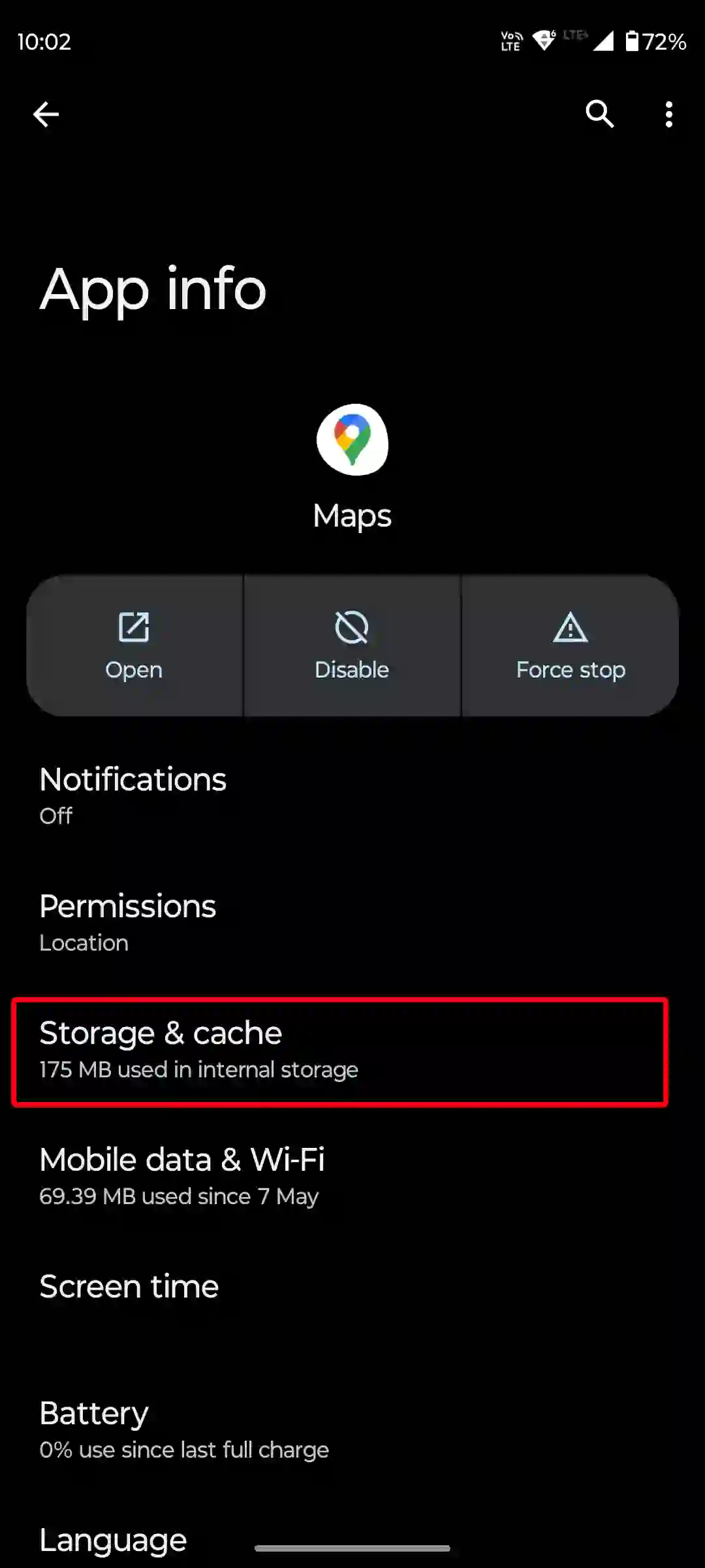 android google maps storage and cache