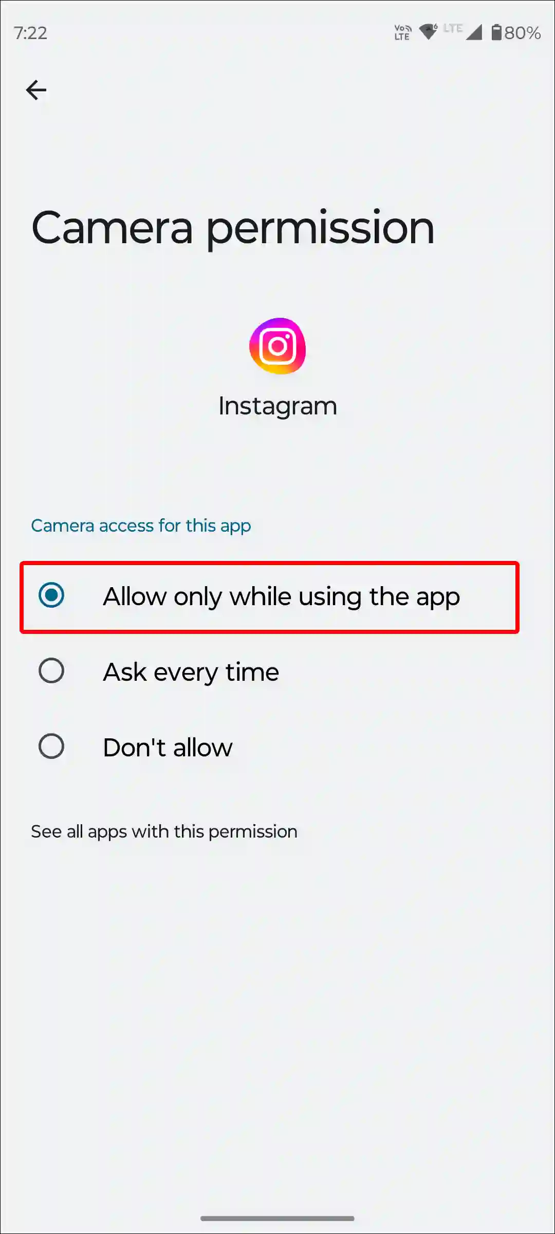 android instagram app allow camera permission