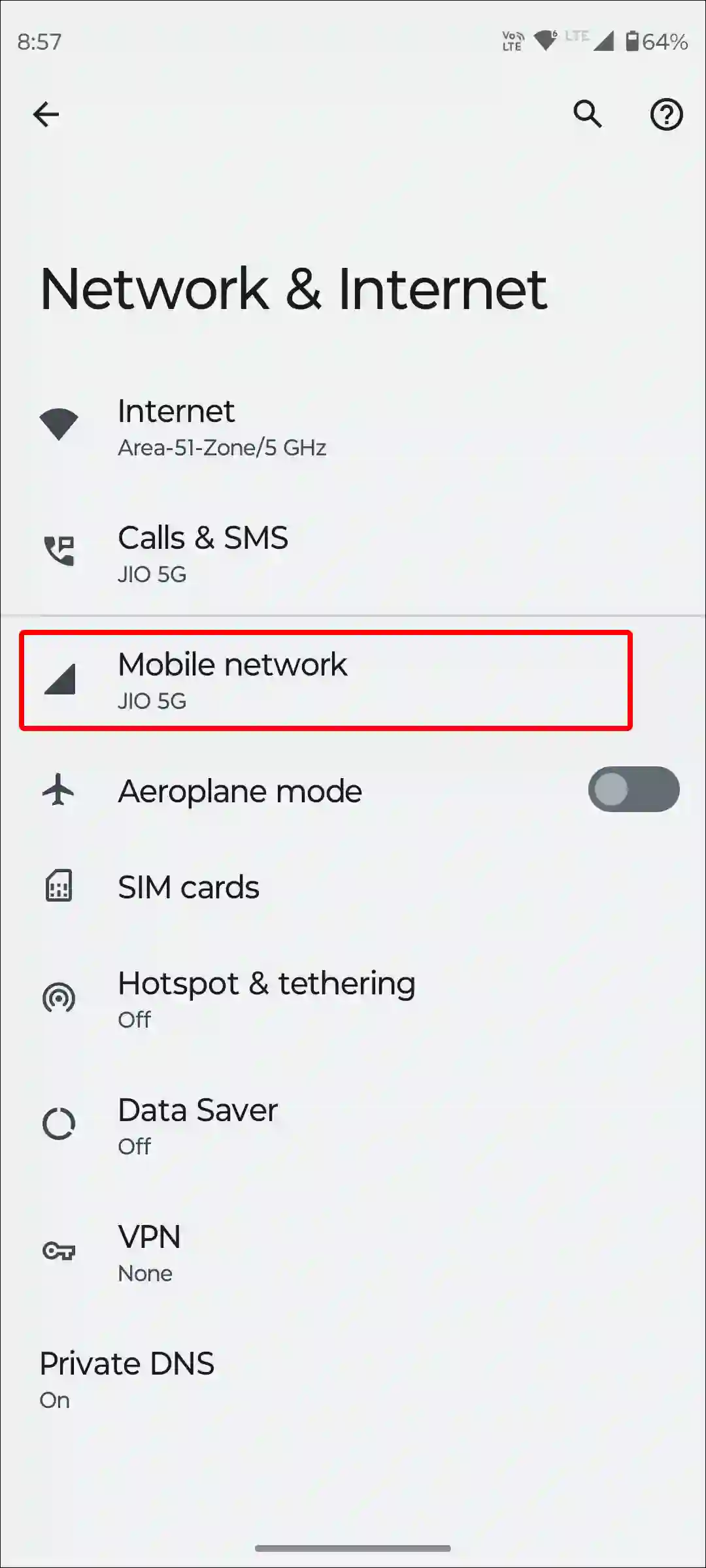 android mobile network settings