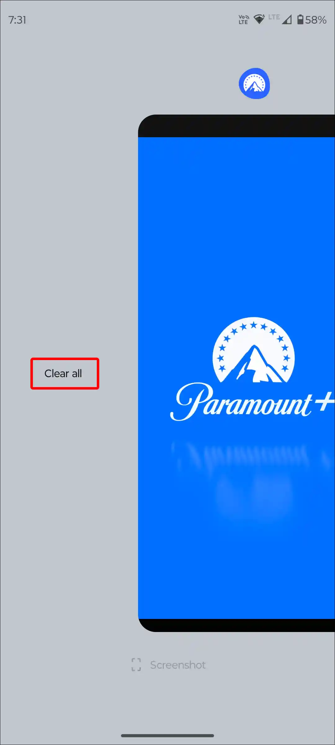 android paramount plus app clear recent tab