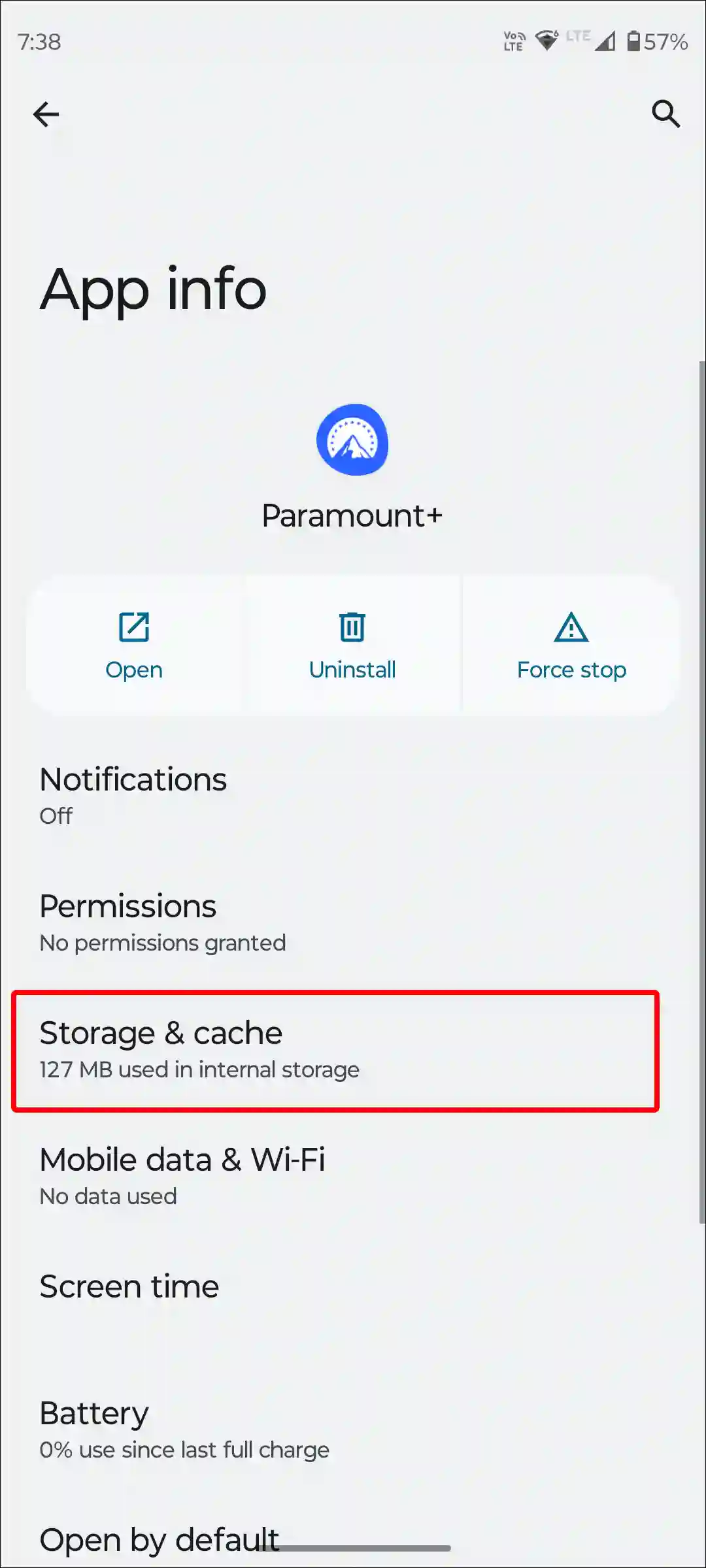 android paramount plus app storage and cache