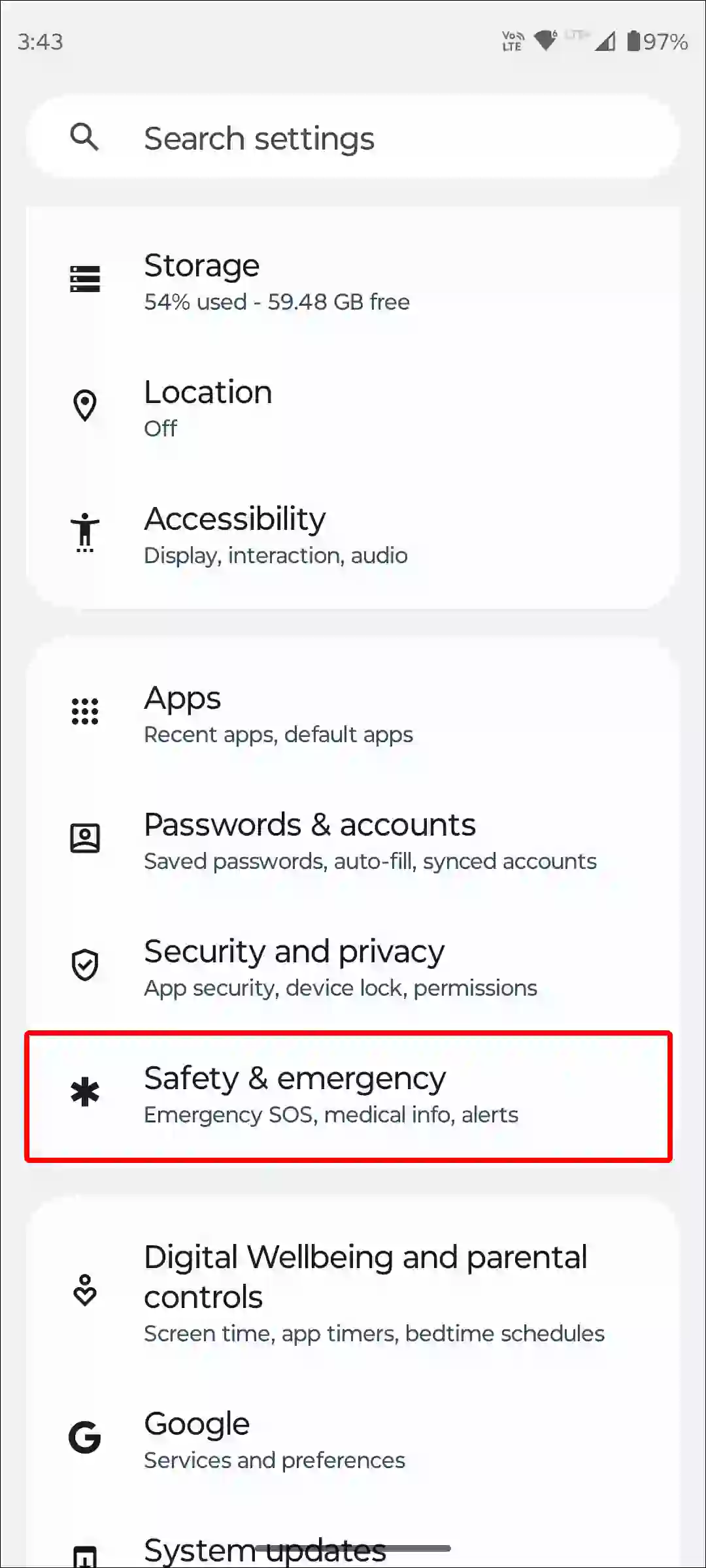 android safety and emergency settings