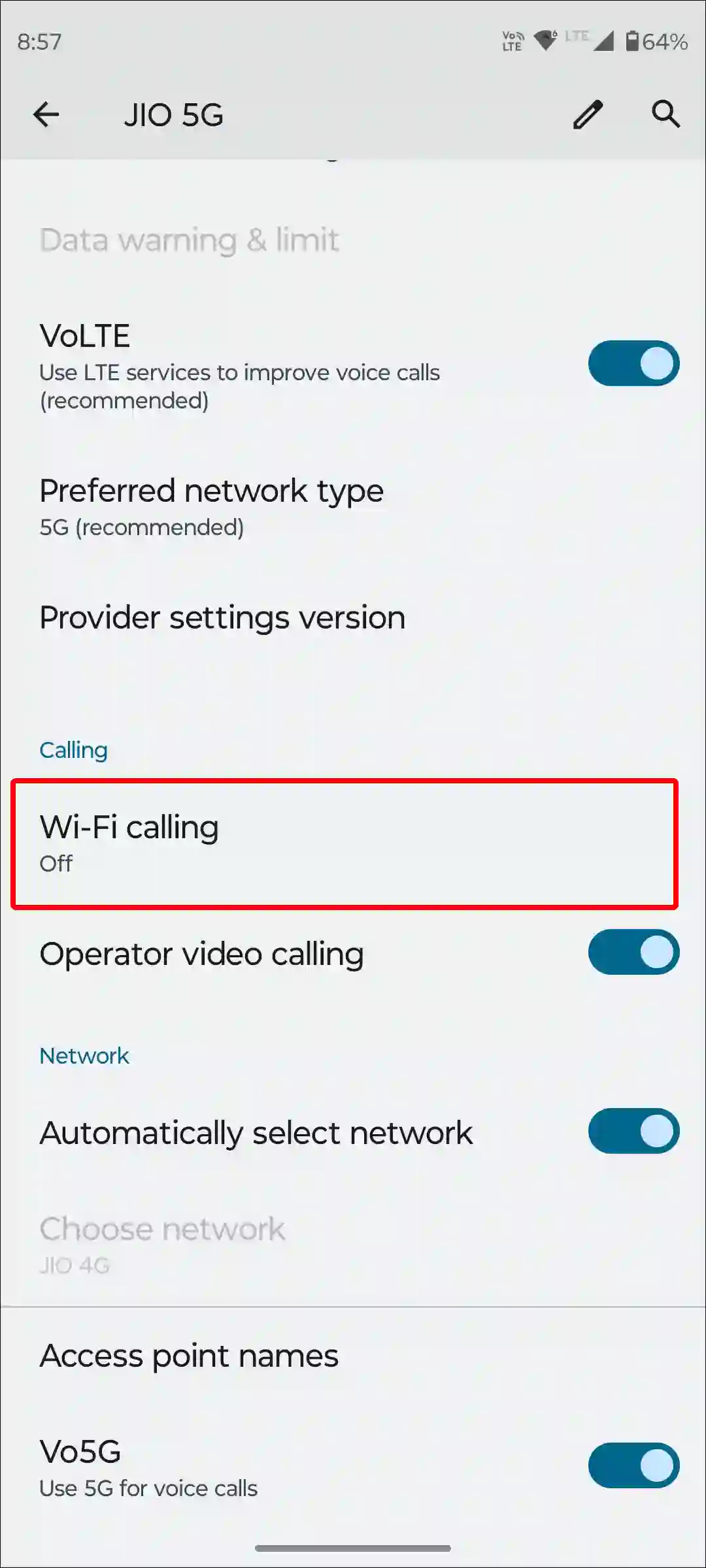 android wi-fi calling settings