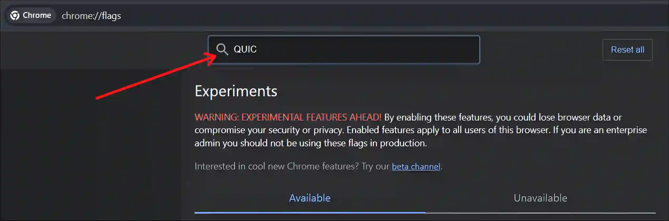 chrome flag quic search