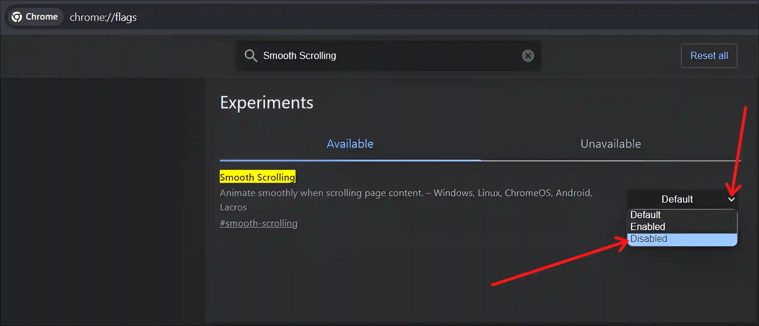 chrome://flags smooth scrolling disable