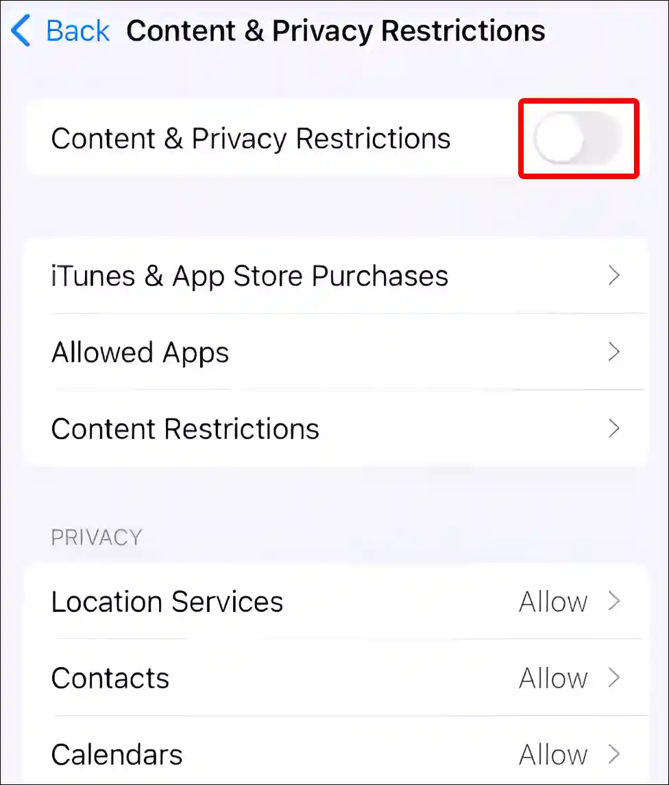 disable iphone content and privacy restrictions