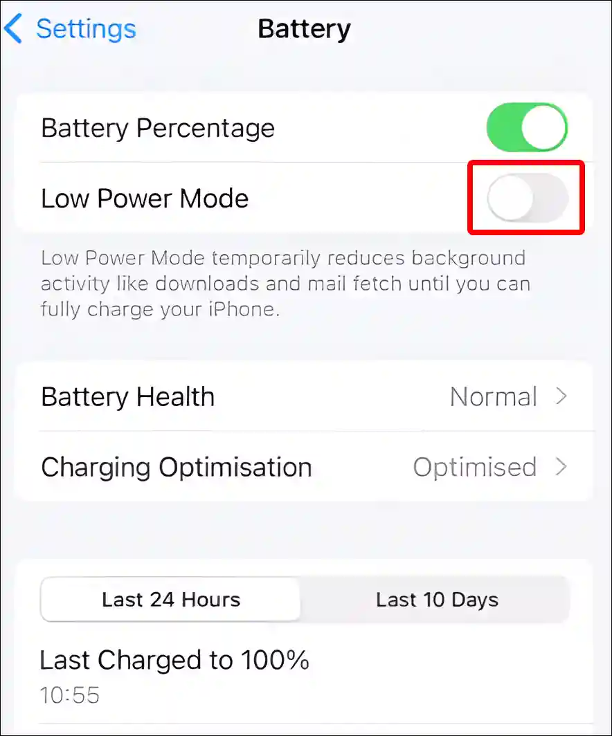 disable low power mode on iphone