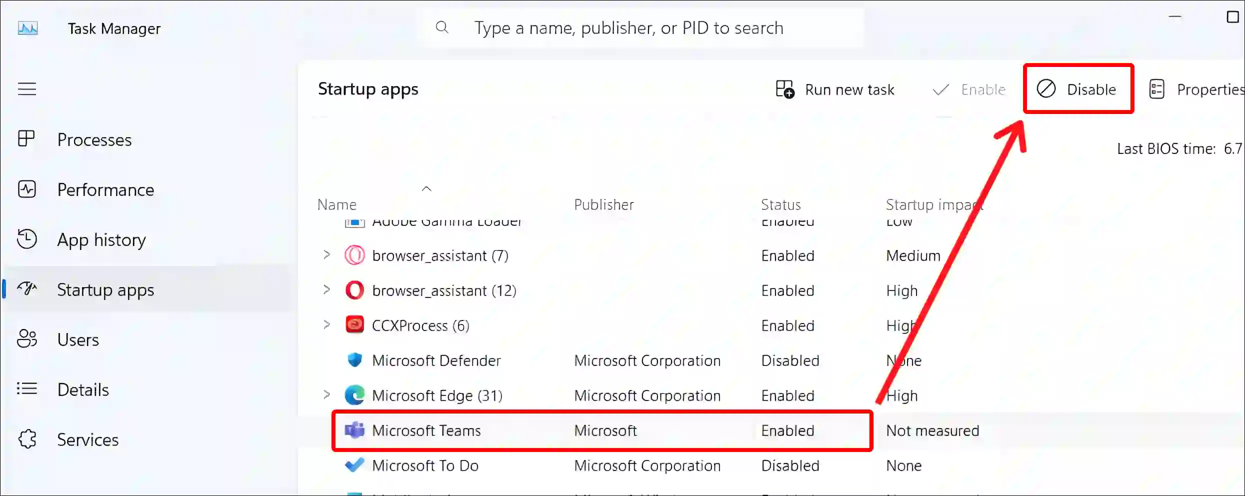 disable microsoft teams on startup from task manager