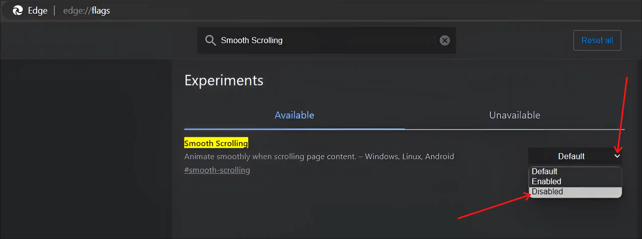 edge://flags smooth scrolling disable