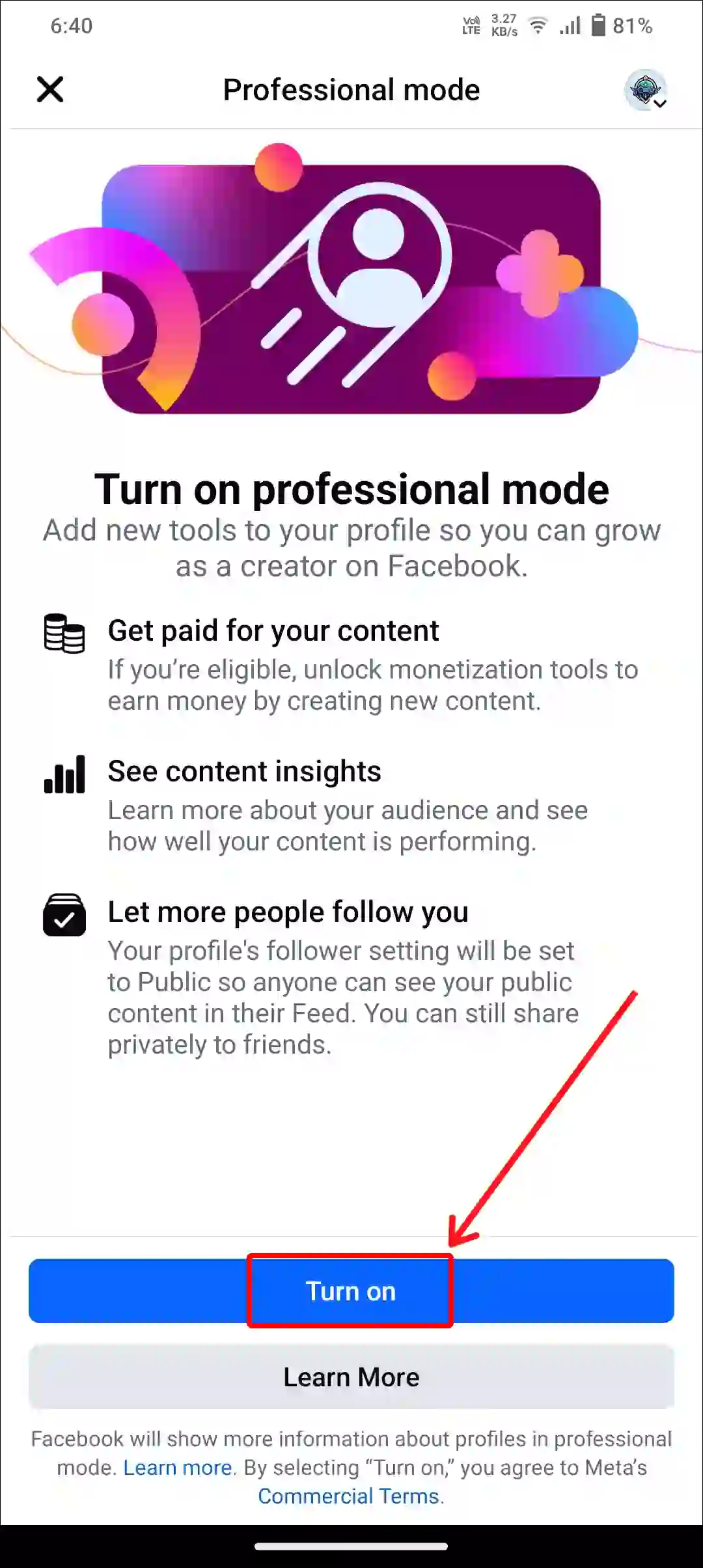 facebook turn on professional mode