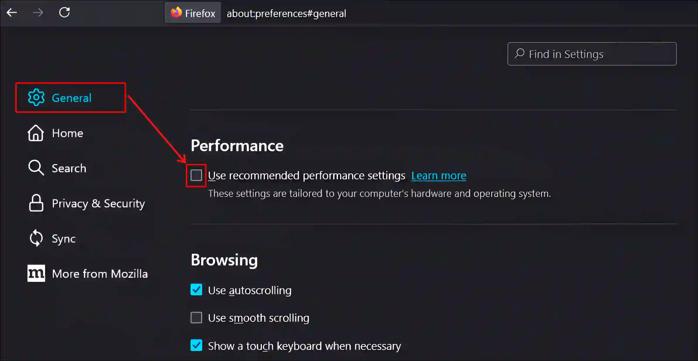 firefox general use recommended performance settings