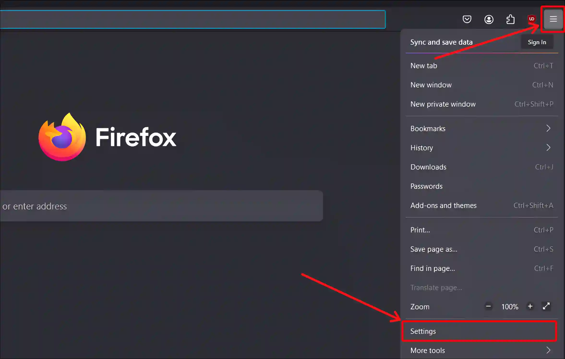 firefox three lines settings desktop