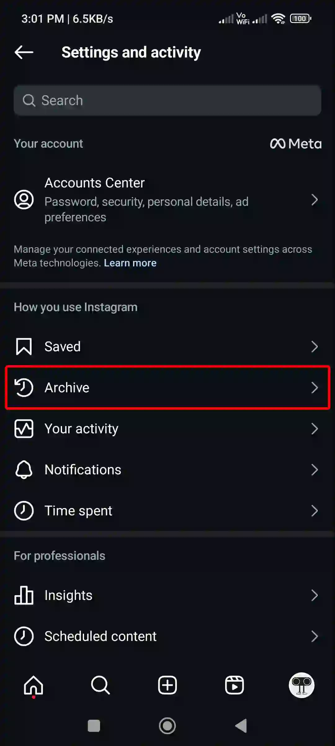 instagram app archive settings