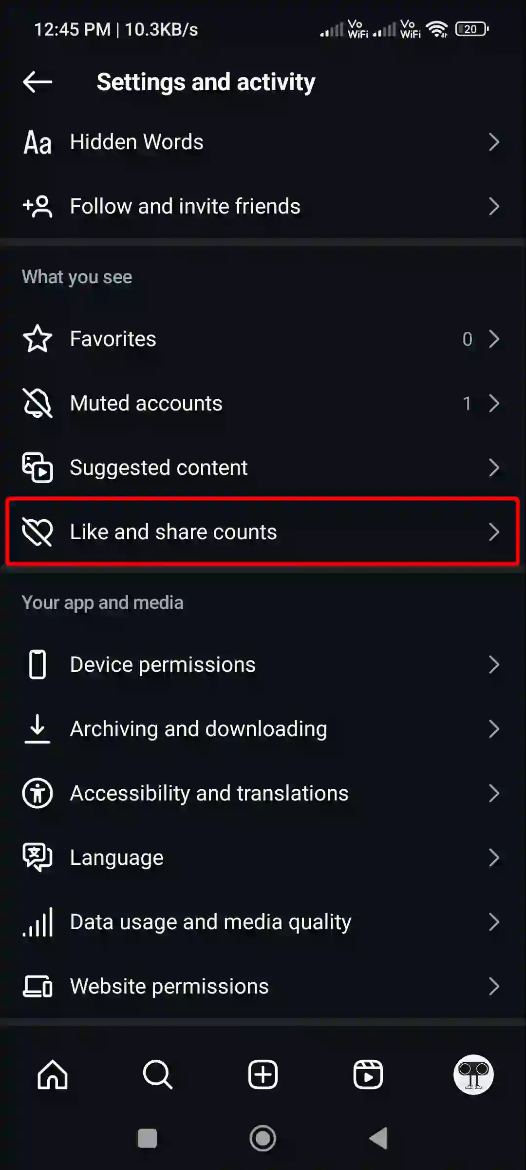 instagram like and share counts settings