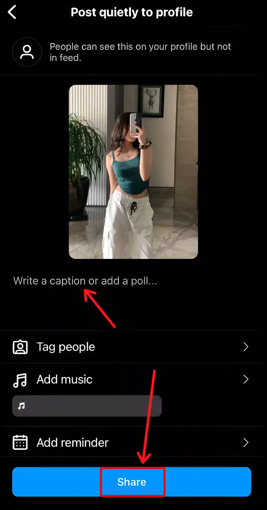 instagram post quietly to profile