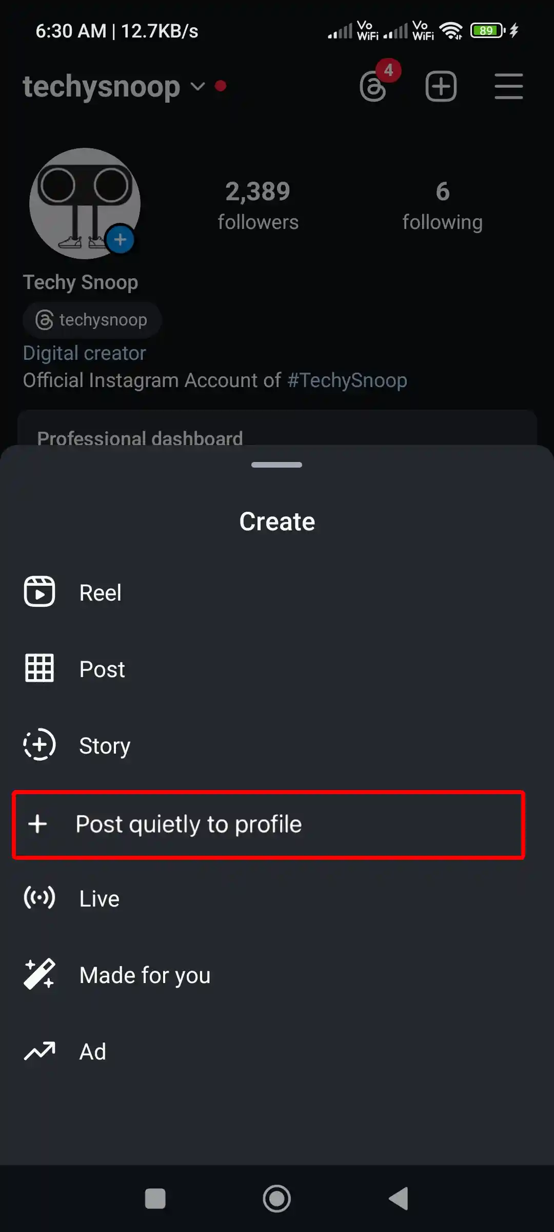 instagram post quietly to profile