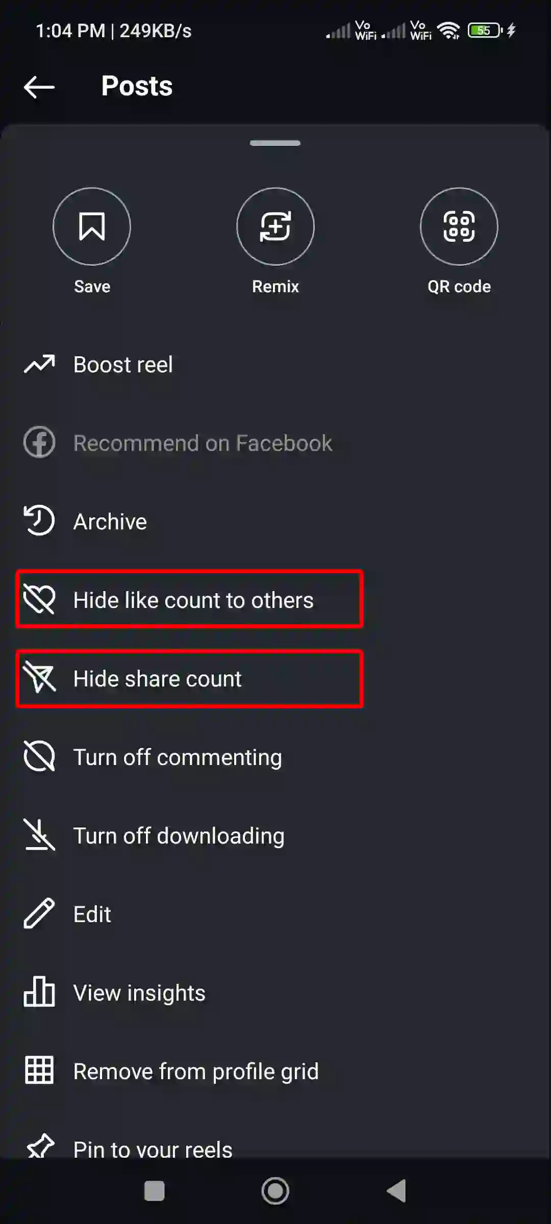 instagram post reel like share counts hide