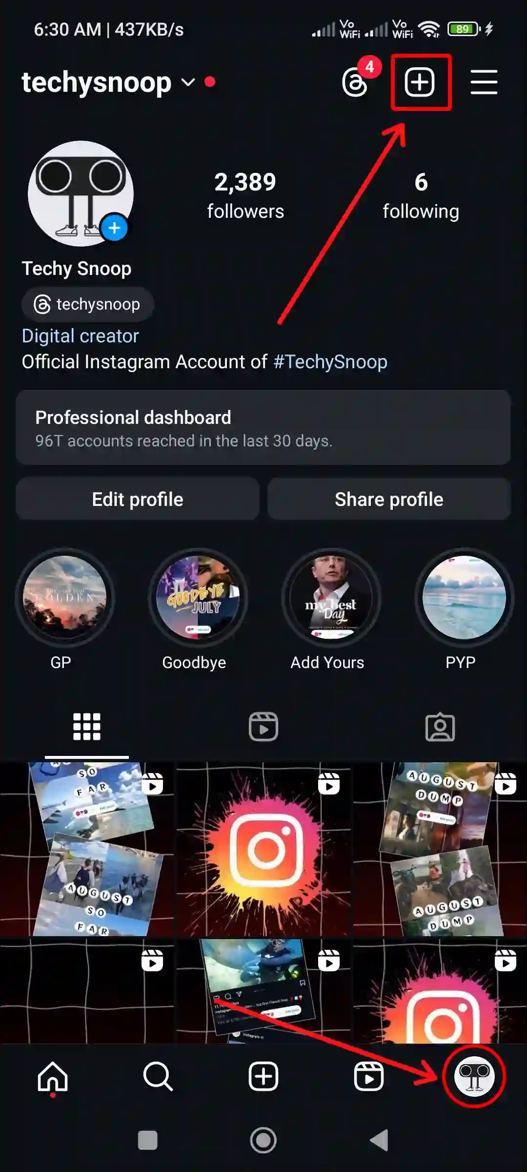 instagram profile and plus icon