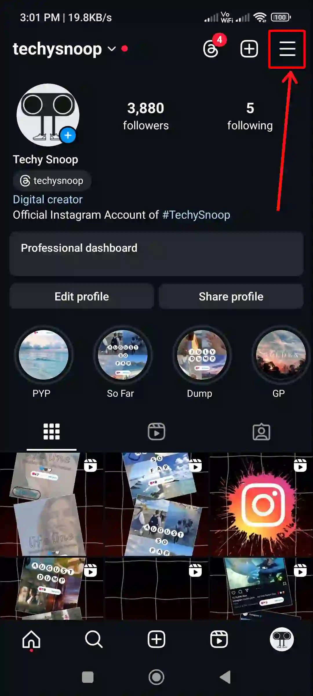 instagram profile three lines dark