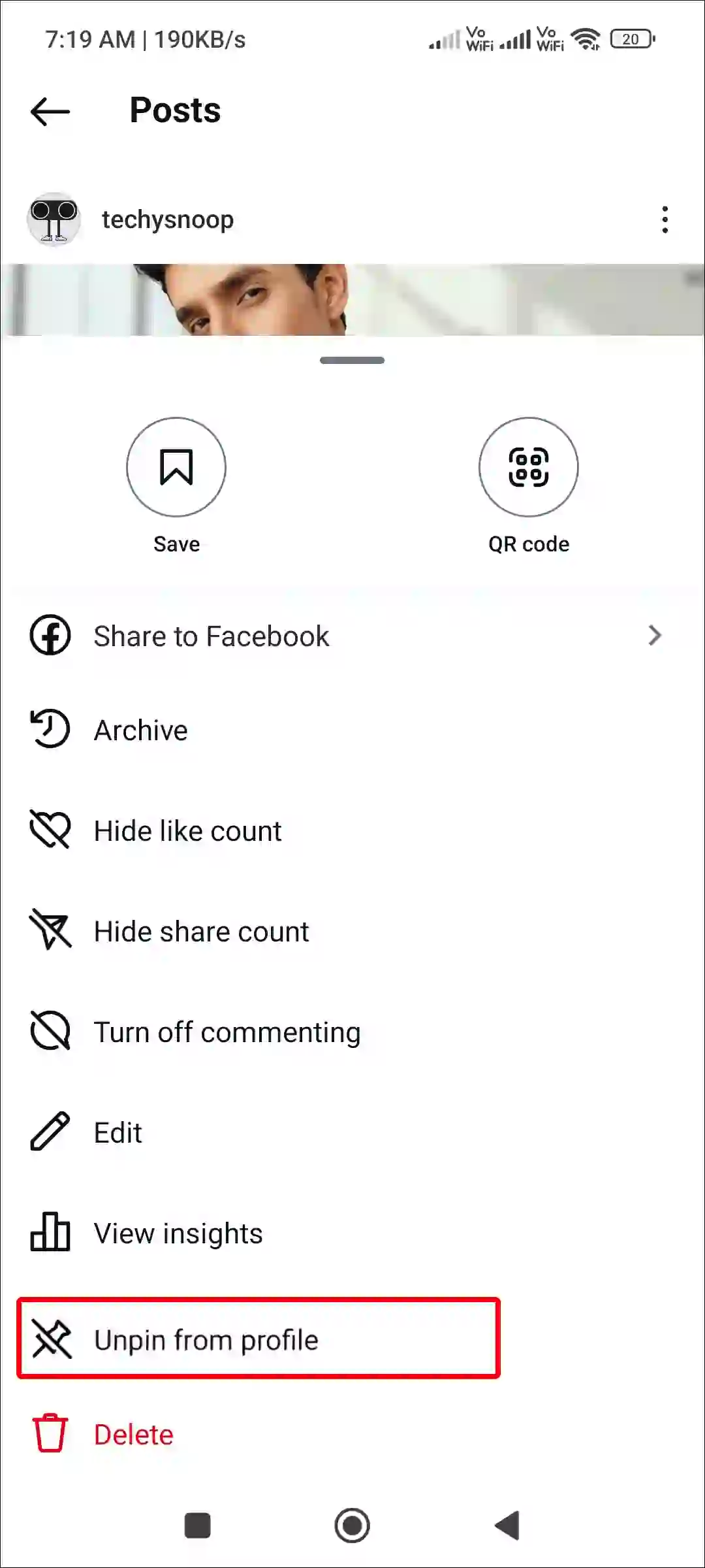 instagram unpin from profile