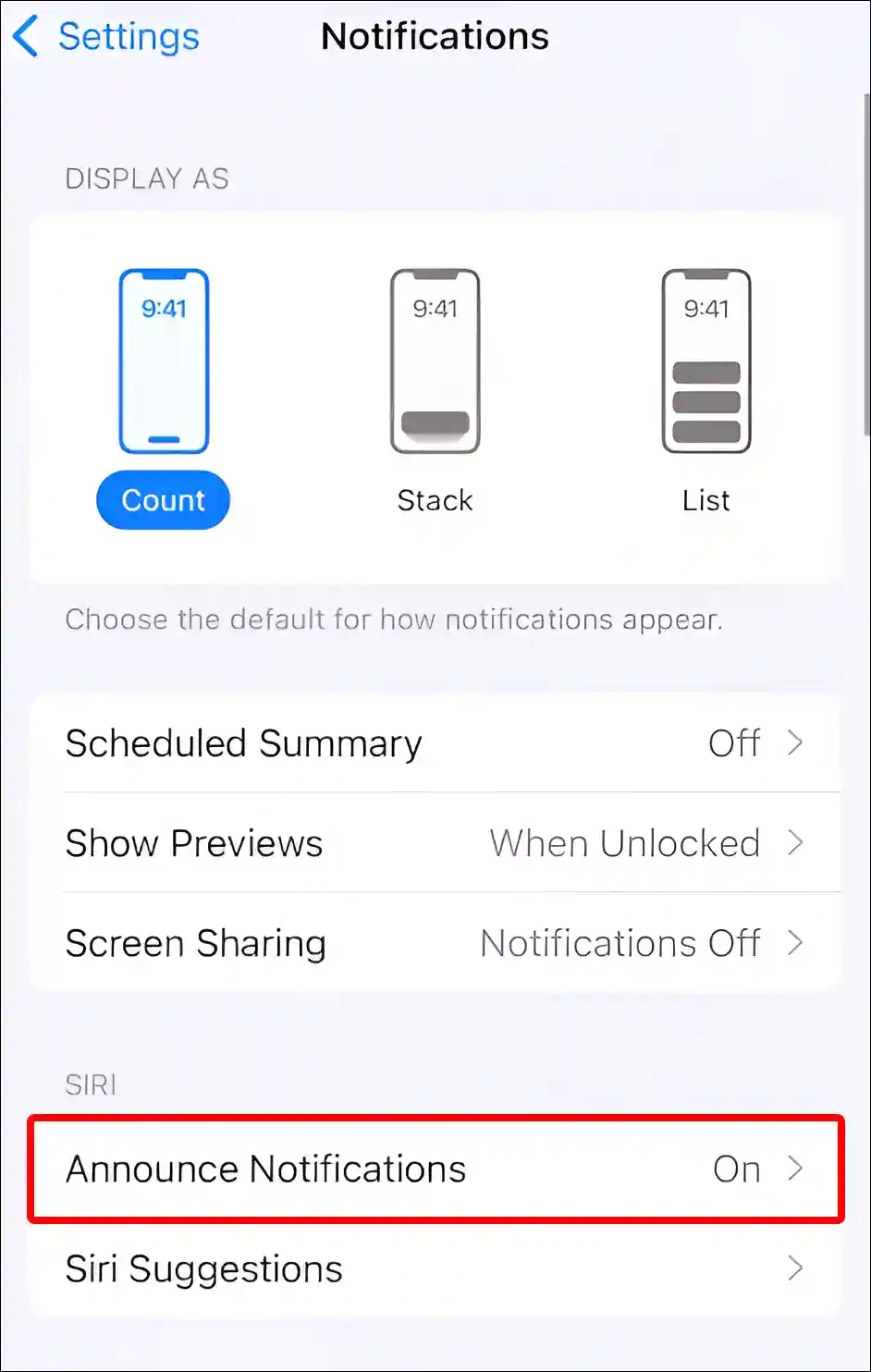 iphone announce notifications settings