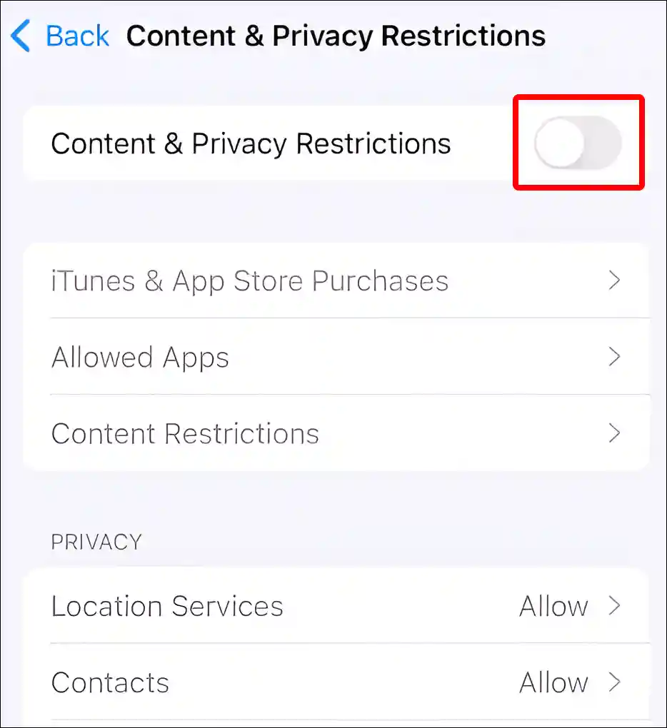 iPhone content and privacy restrictions turn off