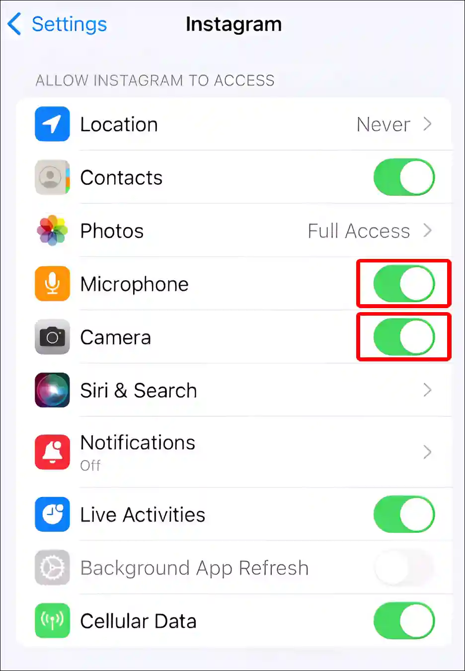 iPhone instagram camera and microphone allow