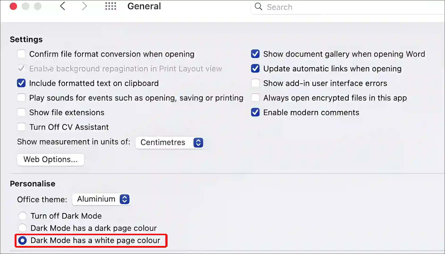 keep microsoft word documents white in dark mode on mac