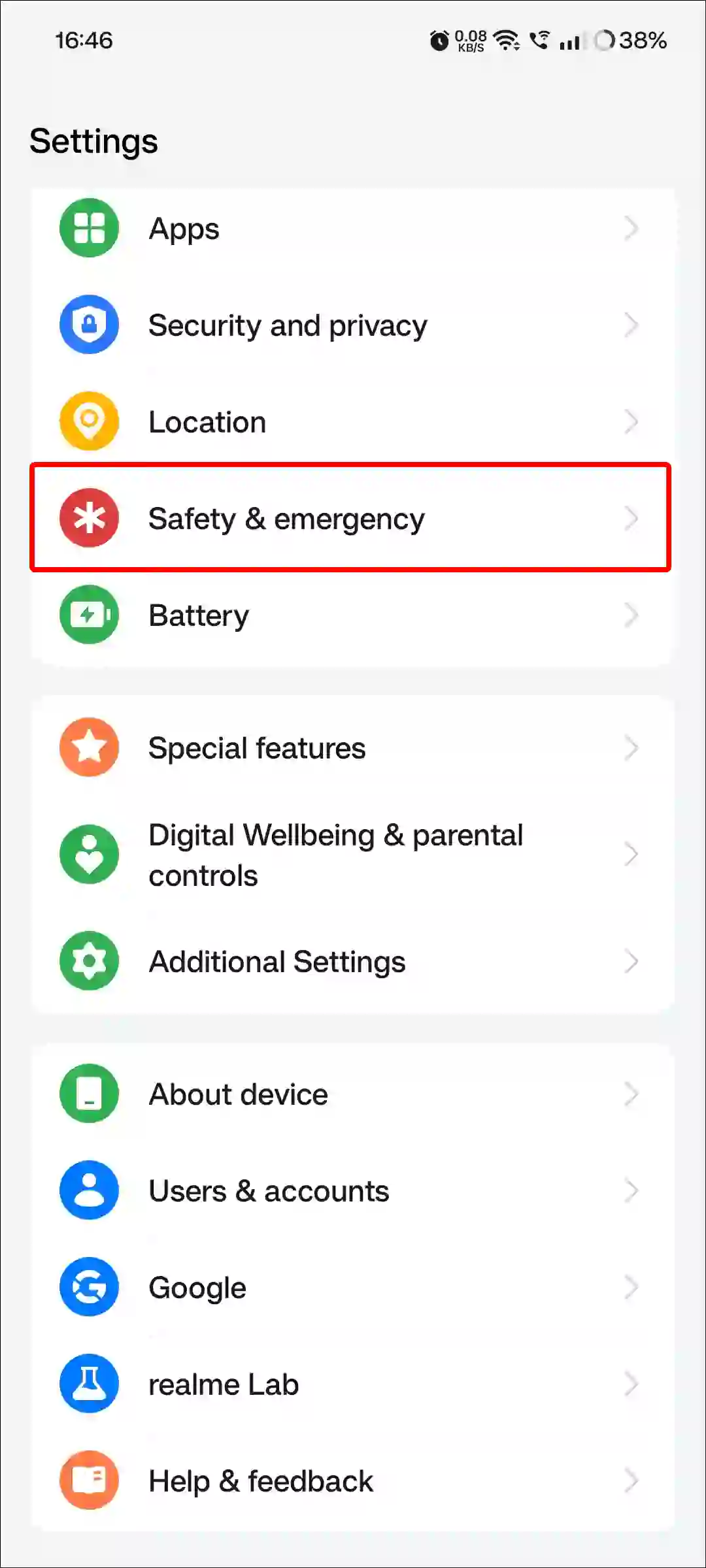 realme safety and emergency settings