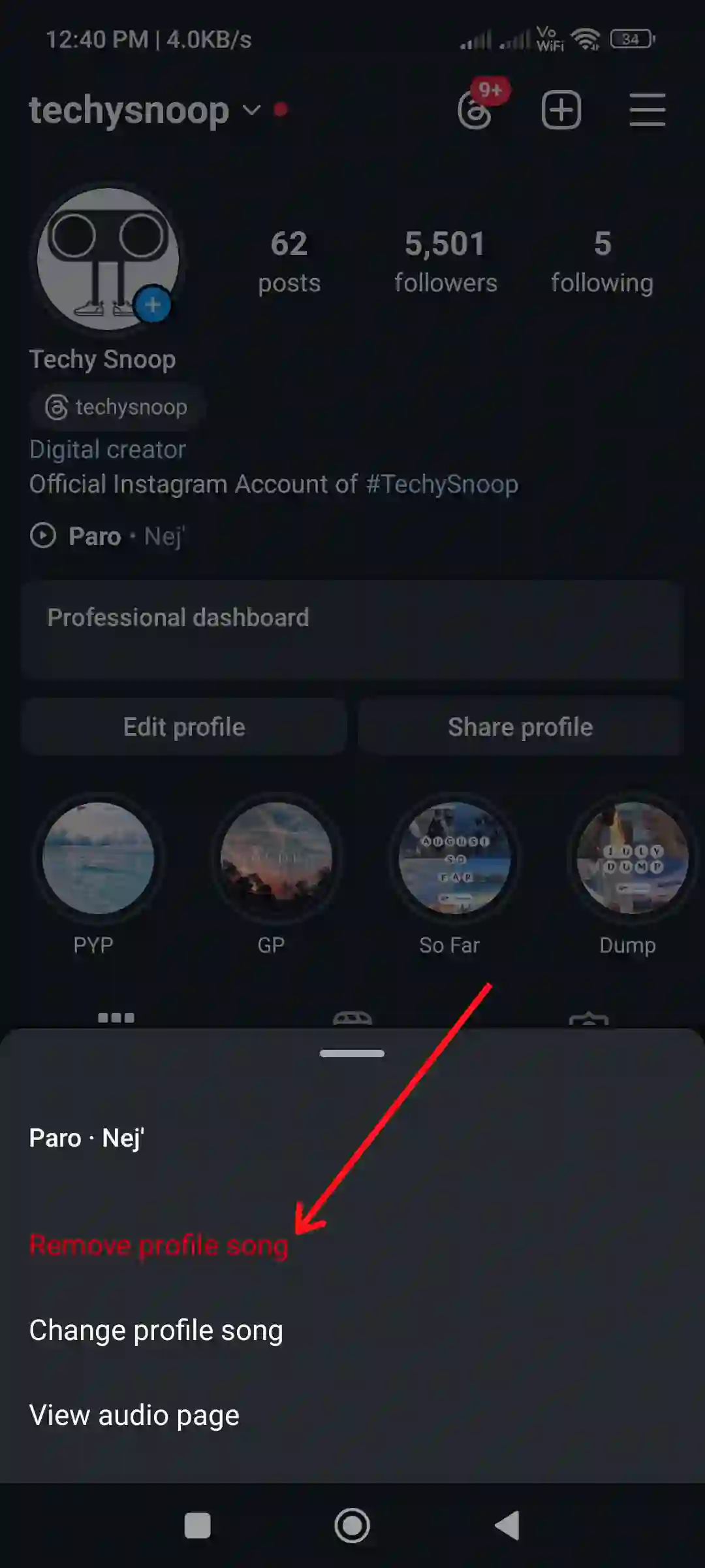 remove instagram profile song