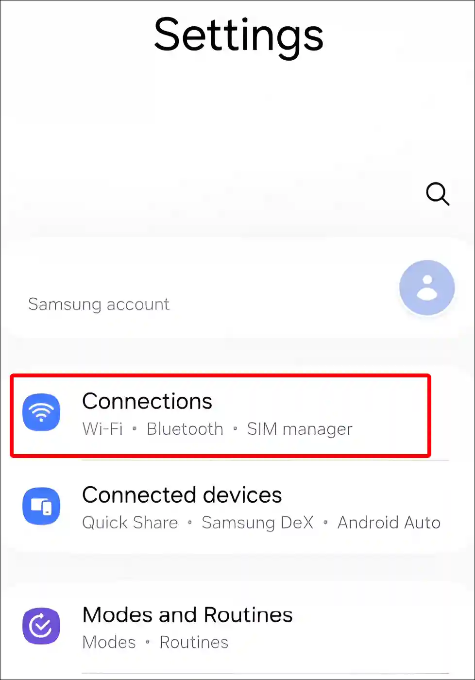 samsung connections settings