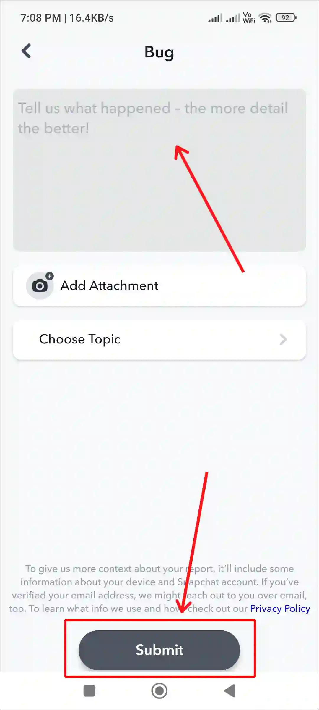 snapchat app report problem submit