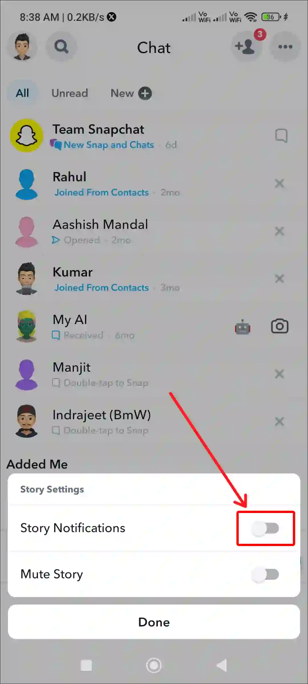 snapchat chat person story notifications turn off