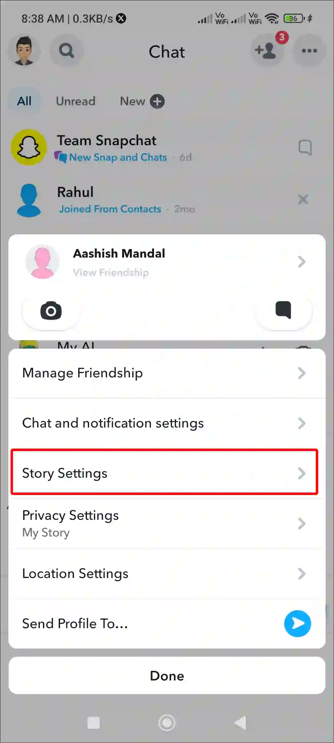 snapchat chat person story settings