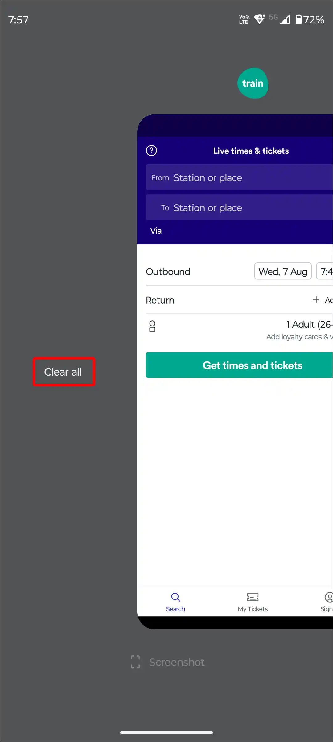 trainline app clear recent tab