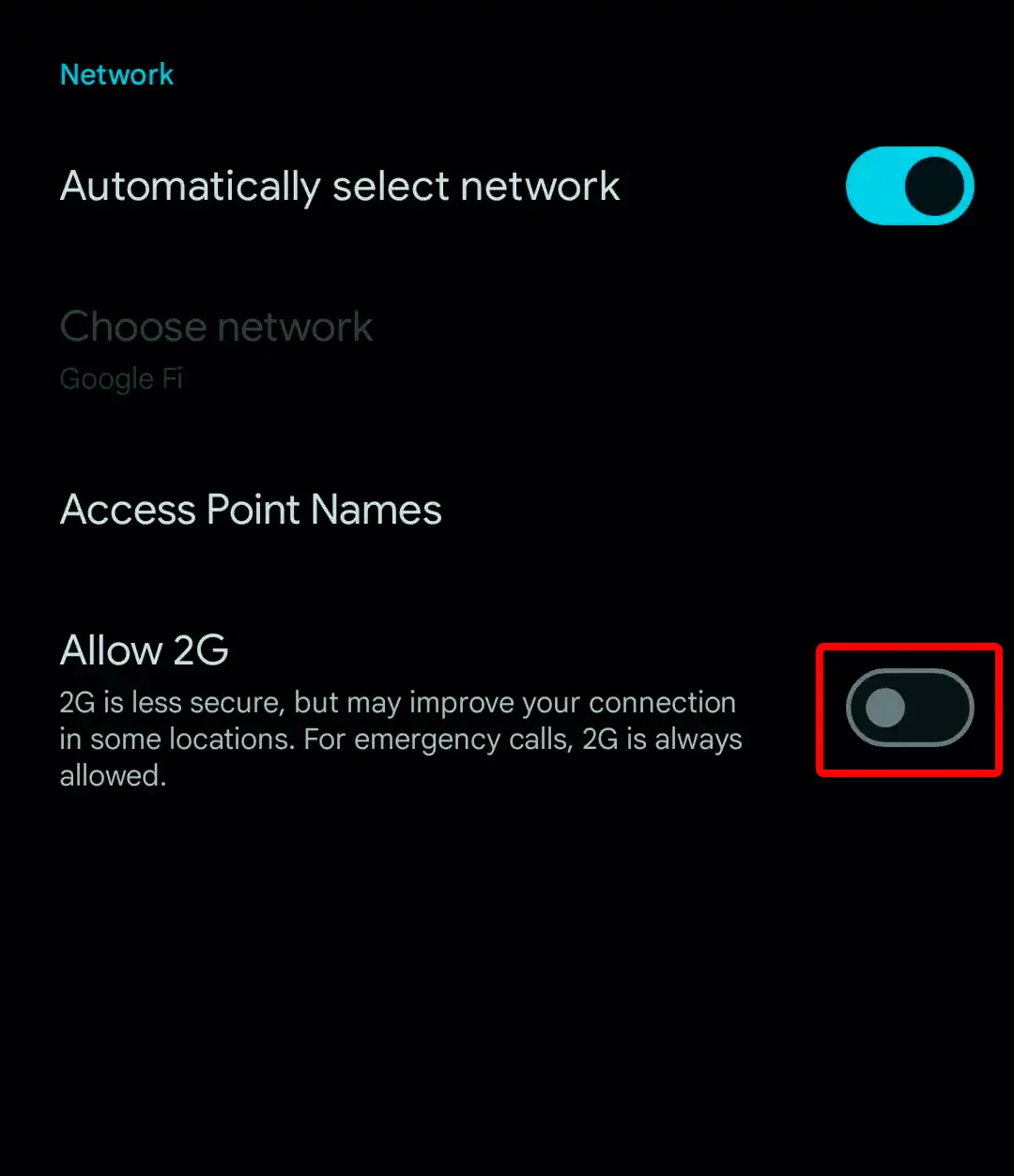 turn off 2g on android