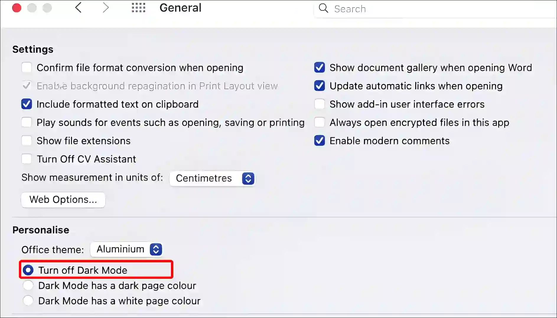 turn off dark mode in microsoft word on mac