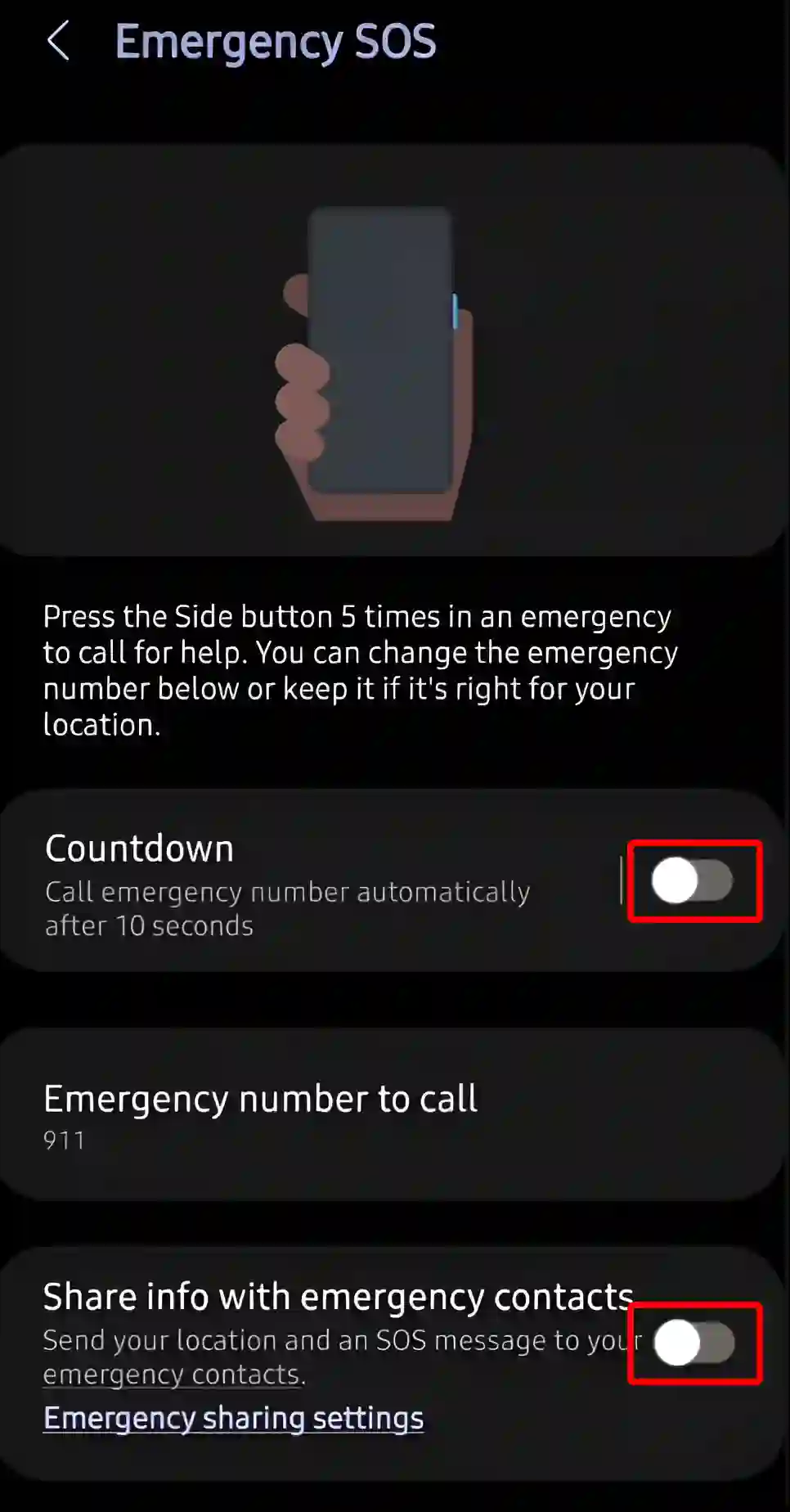 turn off emergency sos on samsung