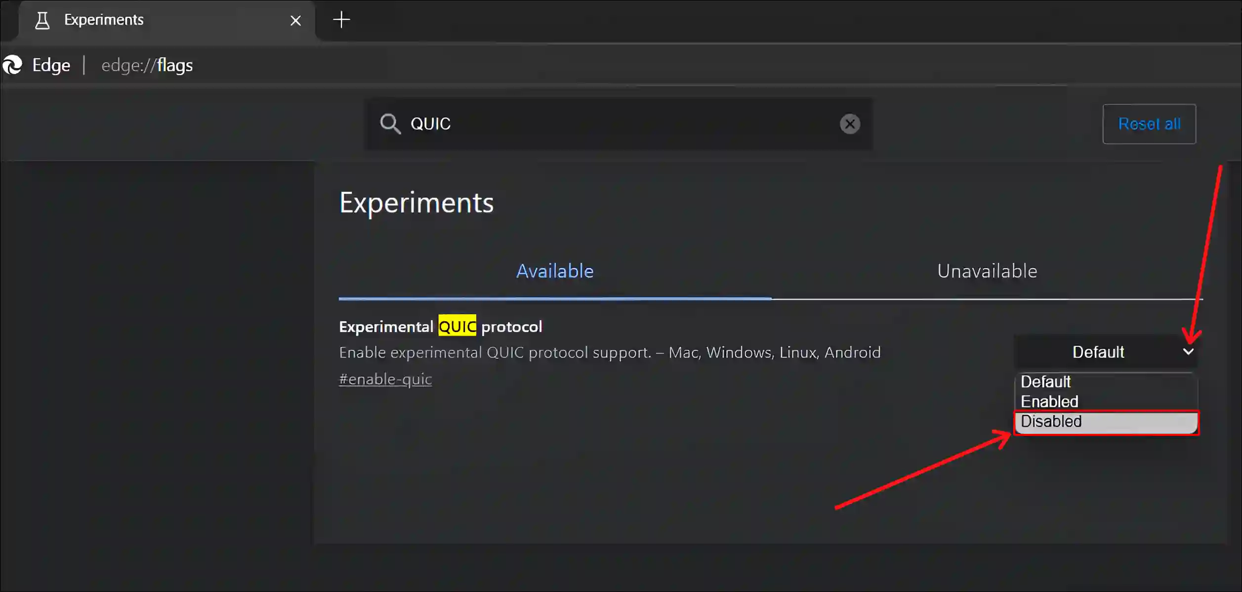 turn off experimental quic protocol in edge