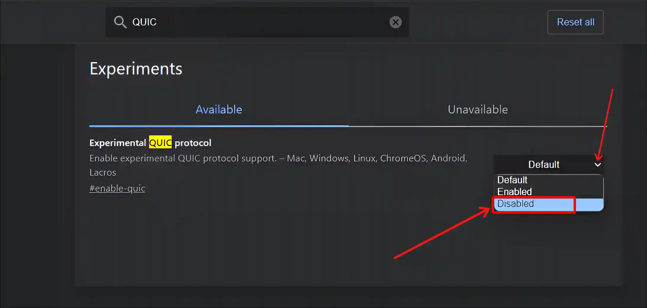 turn off experimental quic protocol on google chrome