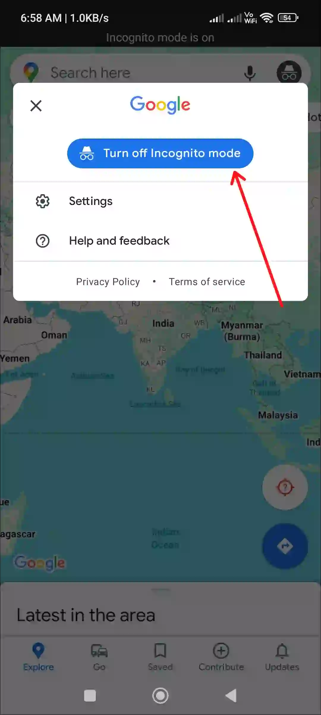 turn off google maps incognito mode