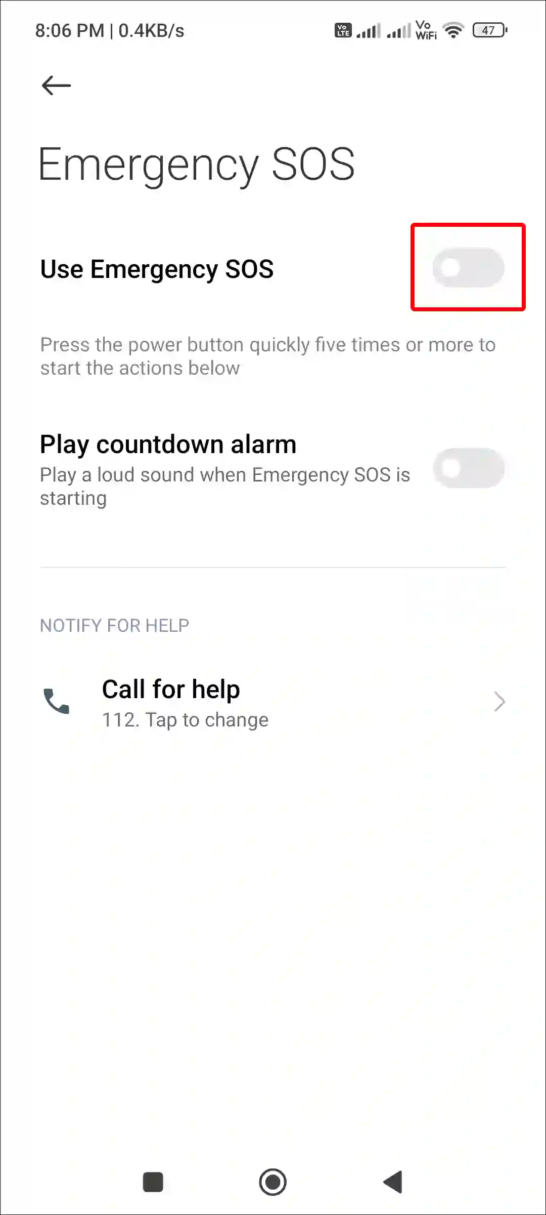 turn off use emergency sos on xiaomi