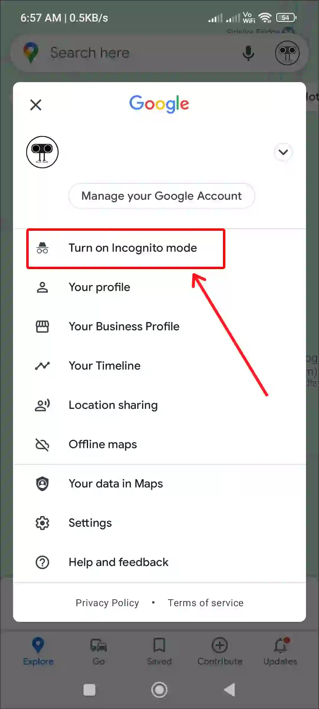 turn on google maps incognito mode