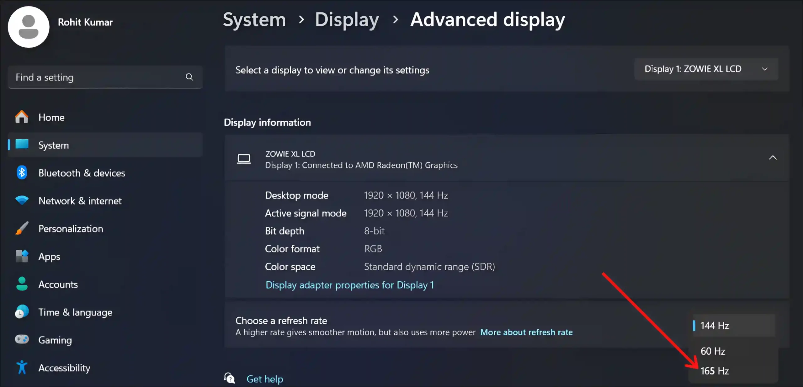 windows 11 165hz refresh rate