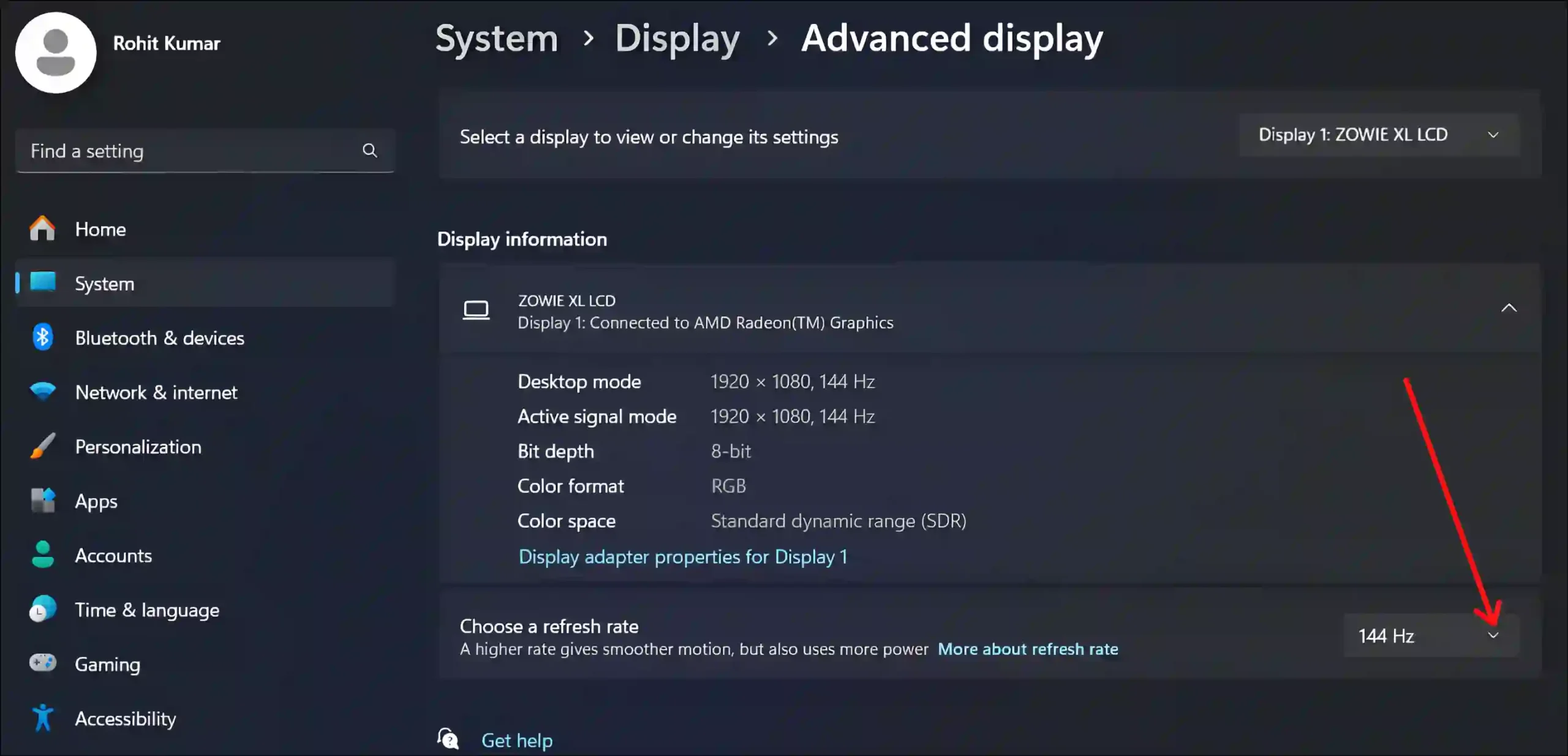 windows 11 choose a refresh rate